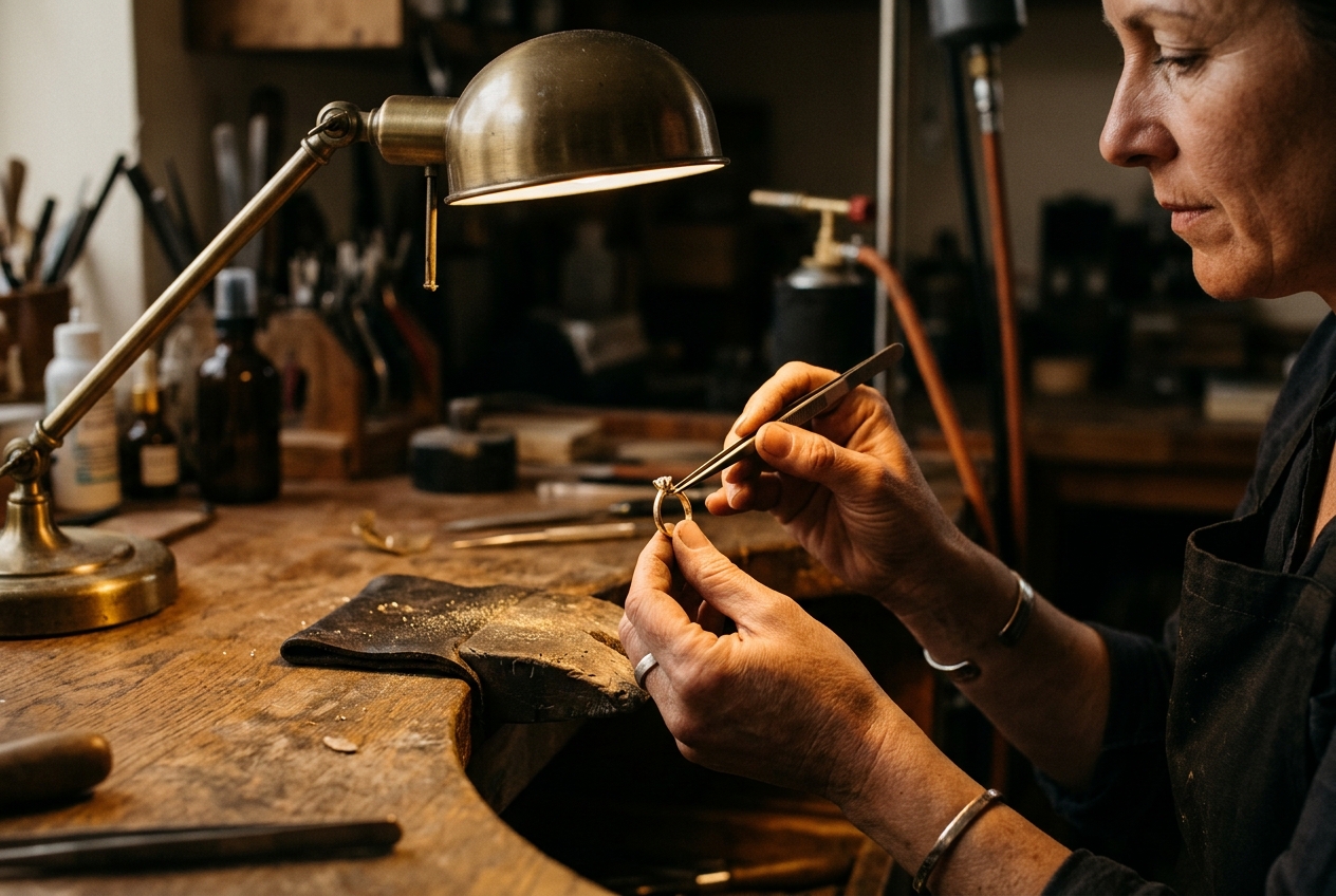 A jeweller setting a ring at the bench