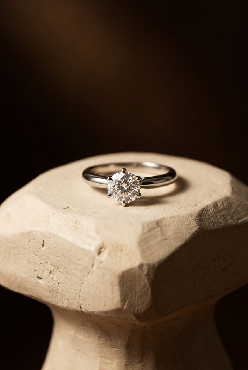 Solitaire ring resting on a sculpted plaster form